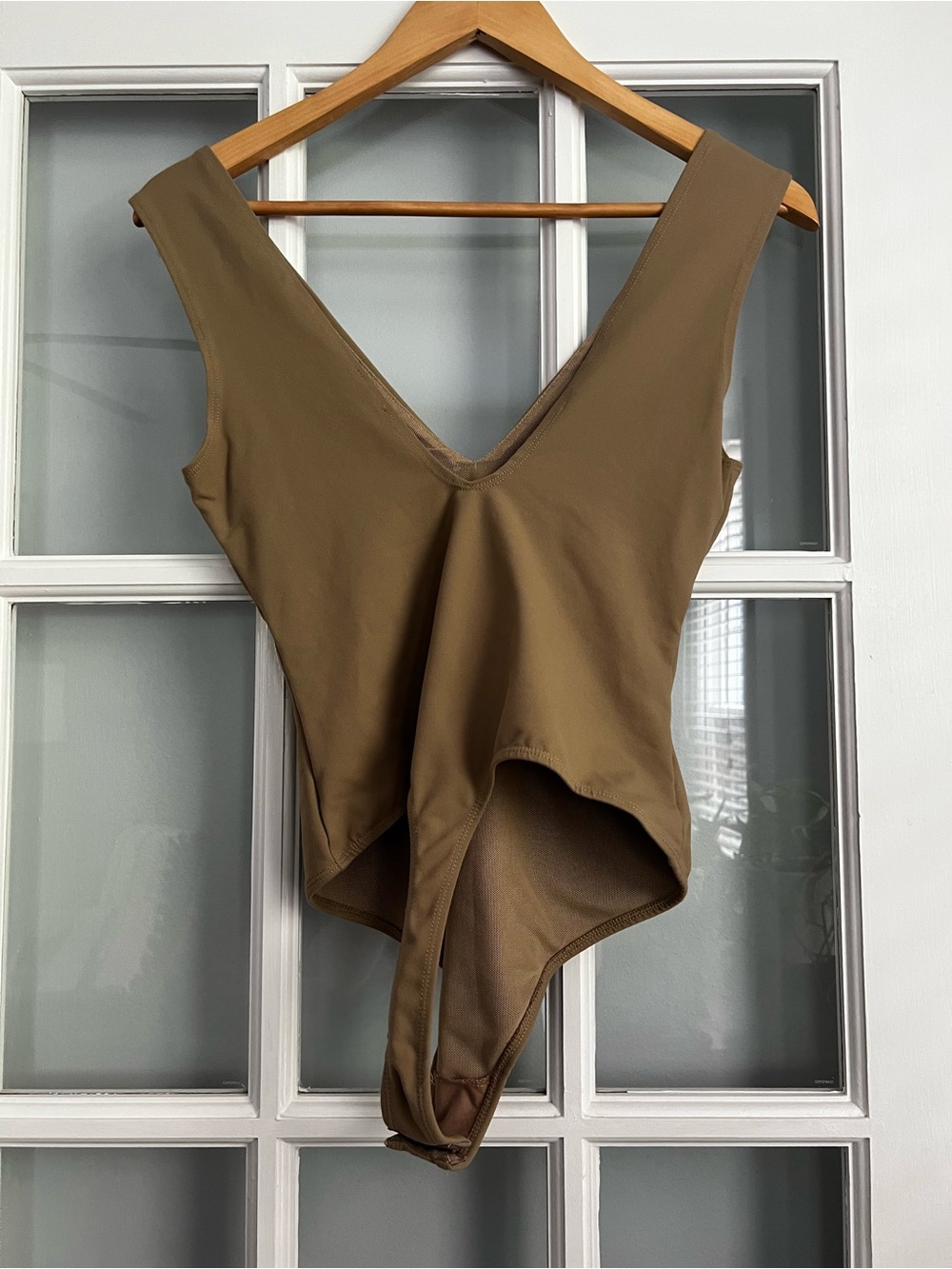 Sleeveless Tan V-Neck Asymmetric Bodysuit - Picture 5 of 7